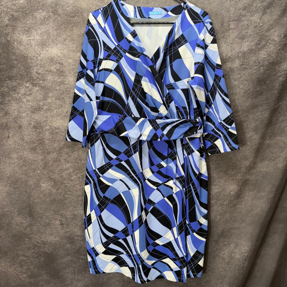 J. McLaughlin Brea Faux Wrap Dress Size XL Blue Geometric Catalina Cloth Coastal